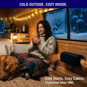 Warm campervan interior with a diesel air heater running while snow covers the window outside