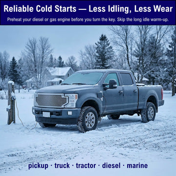 Pickup truck plugged into an engine block heater on a snowy winter morning