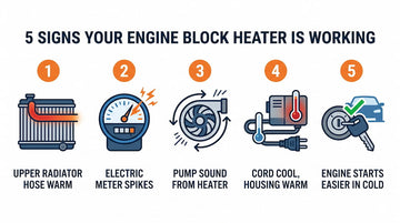 Five signs your engine block heater is working: warm upper radiator hose, electric meter spike, pump sound from heater, cool cord and warm housing, easier engine start in cold