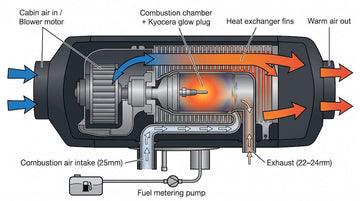 Gasoline parking heater cutaway showing blower, heat exchanger, combustion chamber with Kyocera glow plug, and fuel pump
