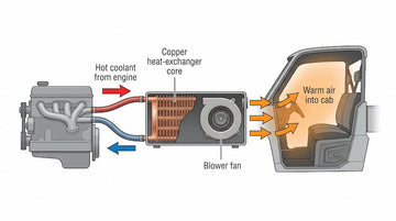 Diagram showing how a UTV cab heater pulls engine coolant heat into the cab through a copper core and blower