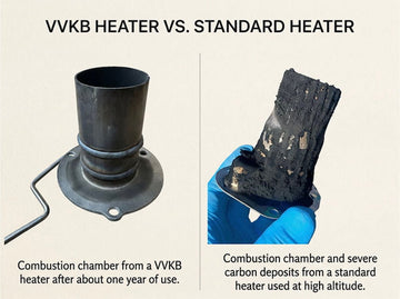 Clean diesel heater combustion chamber after a year next to a burner packed with carbon buildup