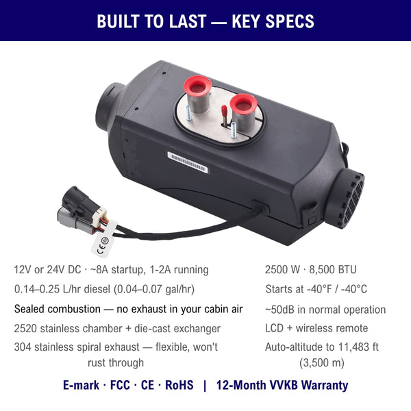 Diesel air heater key specs: 8,500 BTU, starts at -40°F, sealed combustion, E-mark certified