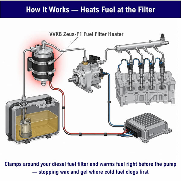 How the Zeus-F1 fuel filter heater works — clamps around the diesel fuel filter and warms fuel right before the pump to stop wax and gelling