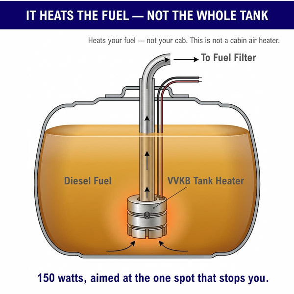 Cutaway showing the tank heater warming diesel fuel at the pickup — 150 watts aimed at the fuel intake, not the whole tank