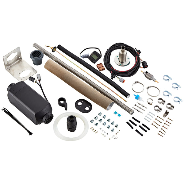 Marine diesel heater kit contents with stainless hull fitting and L-bracket
