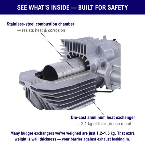 Diesel air heater cutaway showing 2520 stainless combustion chamber and die-cast heat exchanger