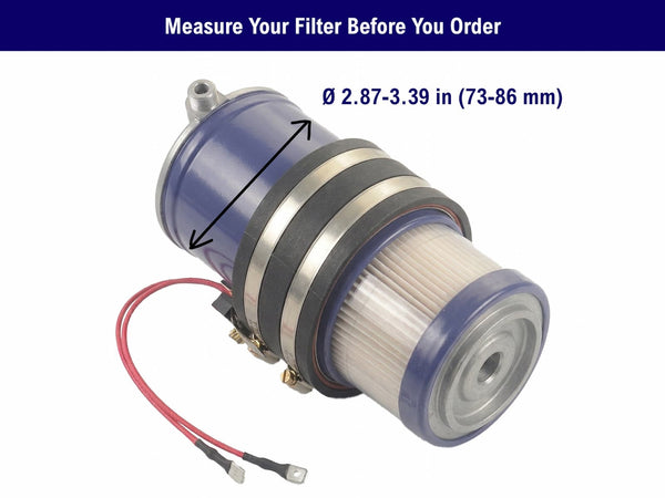 Measure your fuel filter before ordering — the Zeus-F1 heater band fits filter diameters Ø73–86 mm (2.87–3.39 in)