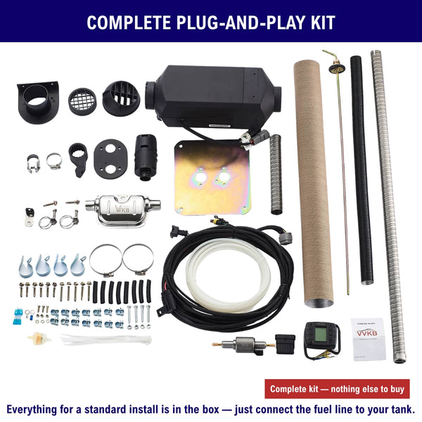 Complete diesel air heater install kit: controller, fuel pump, muffler, pipes, cable and hardware