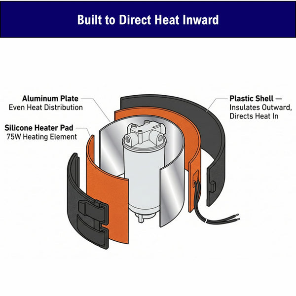 Cross-section of the Zeus-F1 fuel filter heater — silicone heater pad, aluminum plate for even heat, and plastic shell that directs heat inward