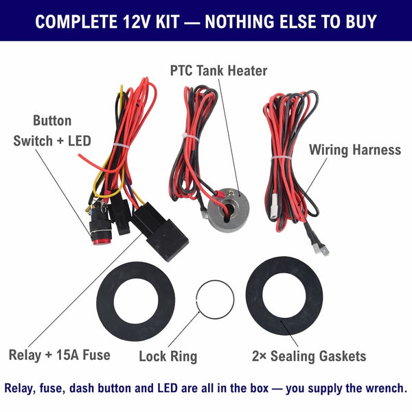 Complete 12V diesel fuel tank heater kit — PTC heater, wiring harness, relay, 15A fuse, dash button with LED, lock ring and sealing gaskets