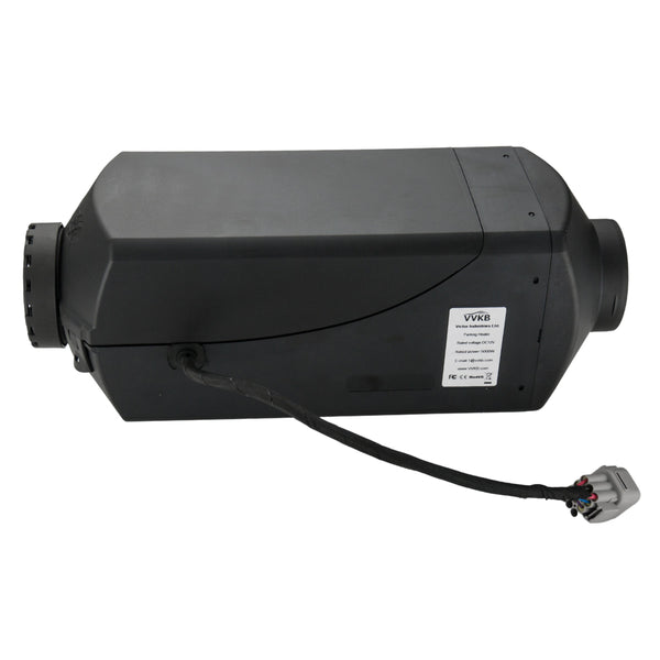 12V marine diesel heater side view with VVKB rating label and wiring harness
