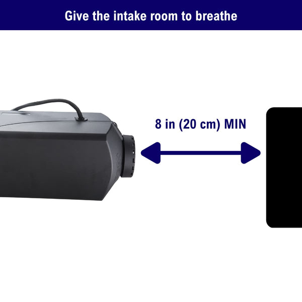 Diesel air heater air intake needs 8 in (20 cm) minimum clearance from any surface