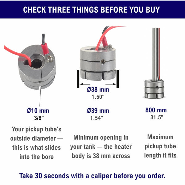 Measure before ordering the diesel fuel tank heater — pickup tube Ø10 mm, tank opening Ø38 mm, max tube length 800 mm