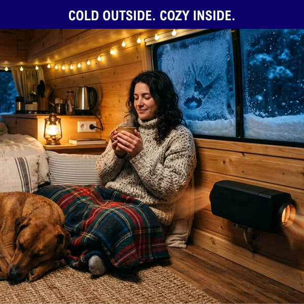 Diesel air heater warming an RV campervan interior on a snowy winter night
