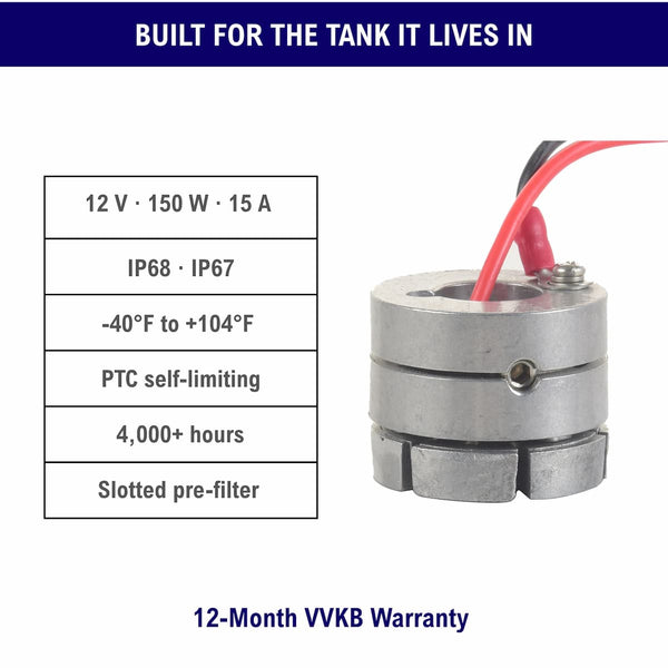 VVKB Zeus-F3 diesel fuel tank heater specs — 12V 150W 15A, IP68/IP67, −40°F to 104°F, PTC self-limiting, 4,000+ hour life