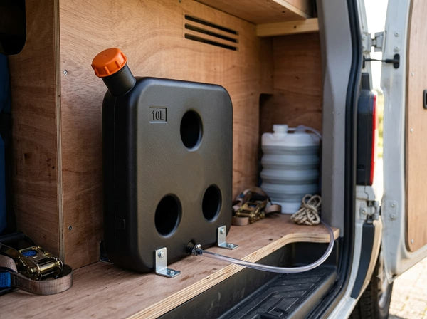 10L diesel heater fuel tank mounted with L-brackets in a campervan, fuel line running from the base outlet to the heater