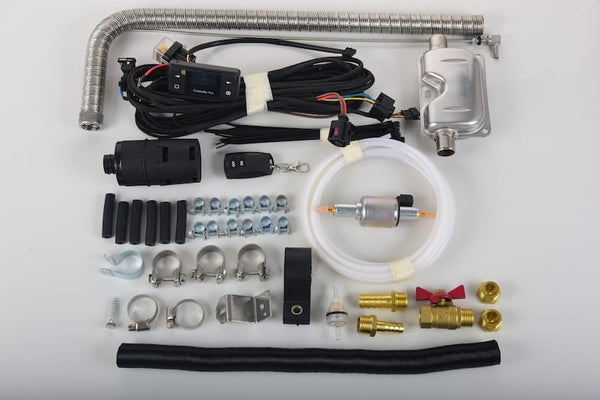 Apollo-GH5 installation accessory kit — Controller Pro, wiring harness, exhaust pipe, fuel pump, fuel filter, fuel line, ball valve, brass fittings, hose clamps, and mounting hardware