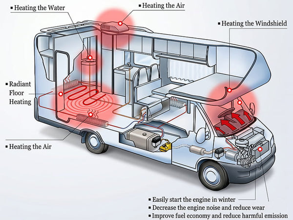 Vvkb Apollo-GH5 heating zones — domestic hot water, radiant floor heating, cabin air heating, windshield defrost, and engine preheating shown in RV cross-section