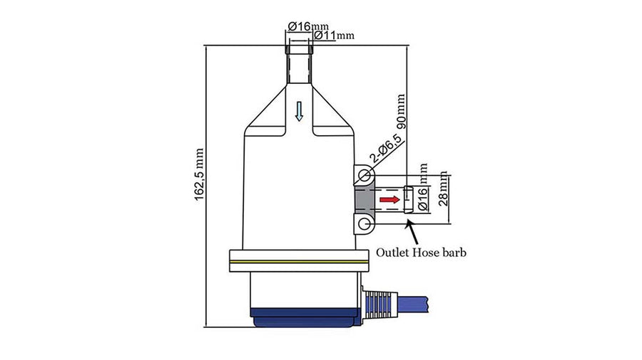 Titan-P6 dimensional drawing showing 162.5 mm height, 16 mm inlet and outlet barbs and two 6.5 mm mounting holes
