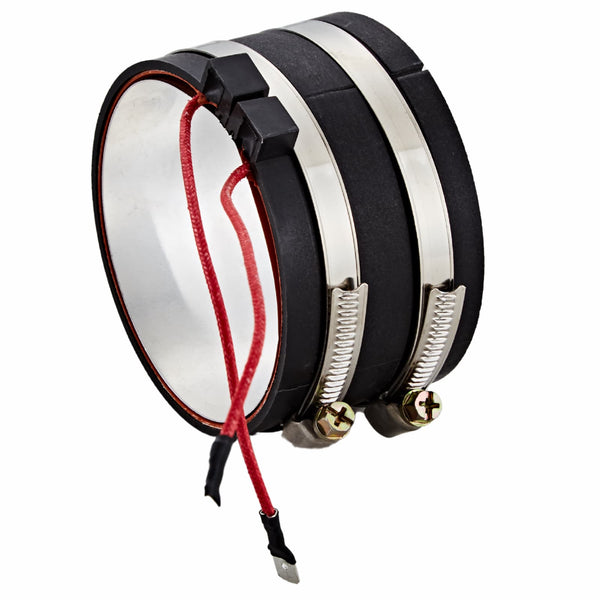 VVKB Zeus-F1 diesel fuel filter heater — black silicone heater band with two stainless hose clamps, 12V/24V 75W