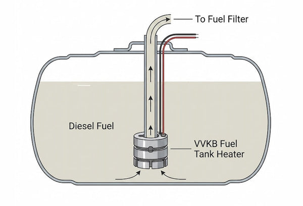 Vvkb Zeus-F3 diesel fuel tank heater installation diagram showing immersion mounting inside fuel tank with warm fuel flowing up to the filter