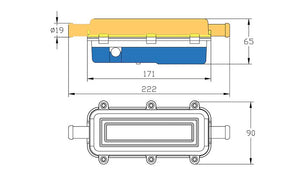Titan-P4 inline engine block heater technical dimensions 222mm by 65mm by 90mm with 5/8 inch ports