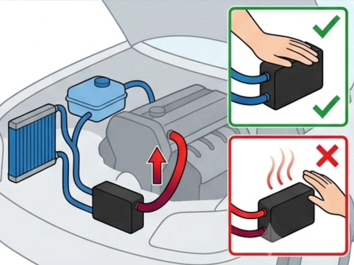 Correct and incorrect coolant heater body temperature: only slightly warm is right, hot to the touch straight away means trapped air