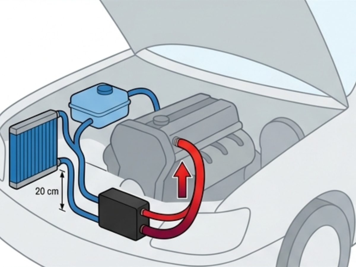 Inline coolant heater mounted low in the engine bay with the hot outlet hose rising continuously to the engine