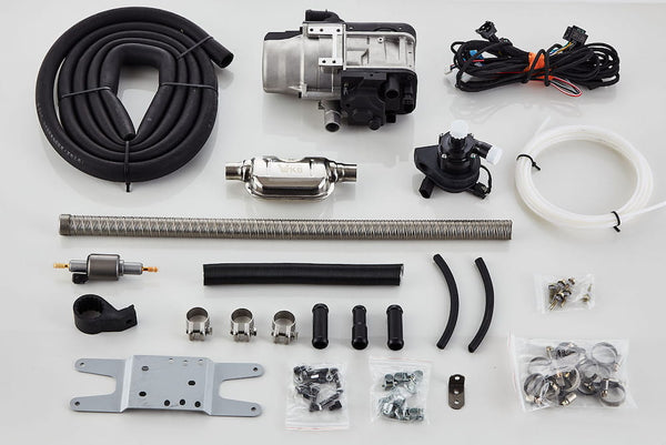 Vvkb Apollo GC5 gasoline water heater complete kit including heater unit, circulation pump, hoses, exhaust pipe, wiring harness and mounting hardware