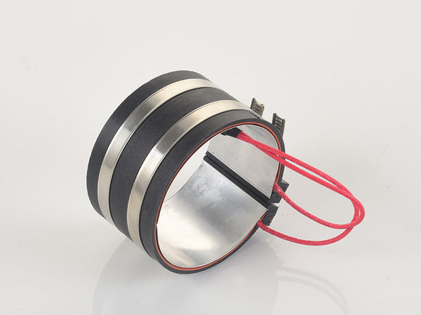 Zeus-F1 heater band upright view showing stainless steel bands and dual red wire connections — fits 2.9" to 4.1" filter housings