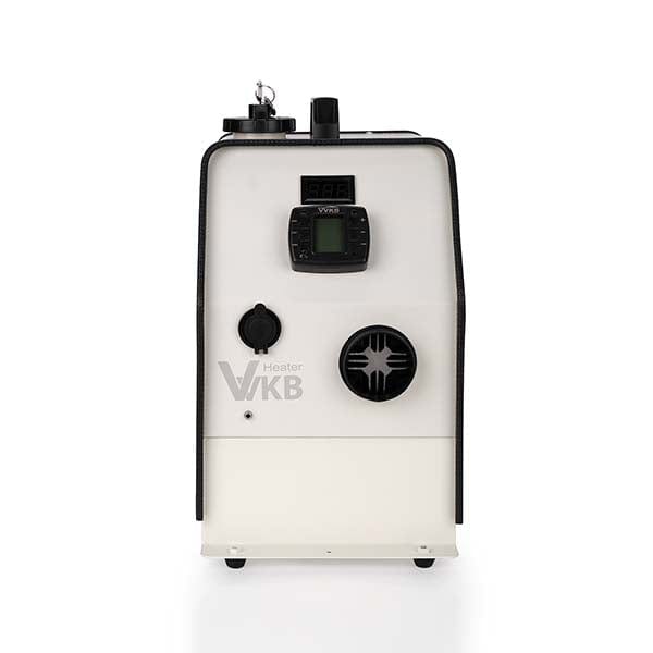 Front panel of Vvkb Apollo portable diesel heater showing Vvkb logo and main air outlet port
