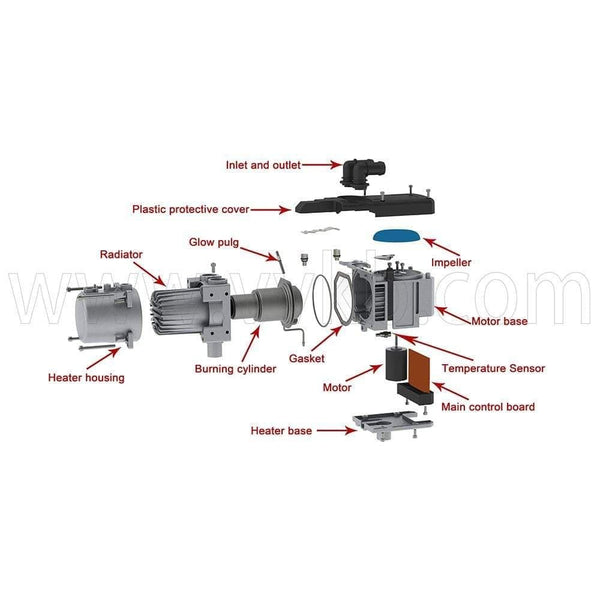 Apollo C1 diesel engine heater parts diagram showing combustion chamber, heat exchanger, and sensor locations