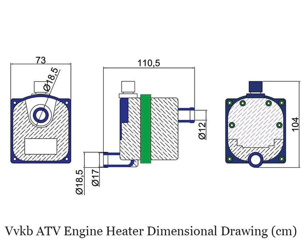 Vvkb Titan-P1 ATV engine block heater technical dimensions drawing in centimeters